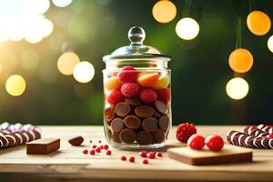 un tarro lleno con chocolate y Fruta en un mesa. generado por ai foto