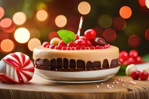 a chocolate cake with cherries and a candy cane. AI-Generated photo