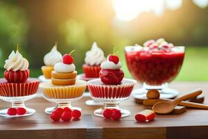 various desserts in cupcakes on a table. AI-Generated photo