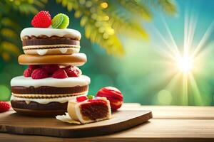 a cake with frosting and raspberries on a wooden table. AI-Generated photo