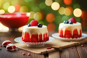 two desserts with white and red frosting on a wooden table. AI-Generated photo