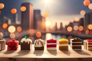 a row of cakes on a table in front of a cityscape. AI-Generated photo