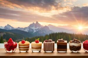 desserts in glasses on a table with mountains in the background. AI-Generated photo