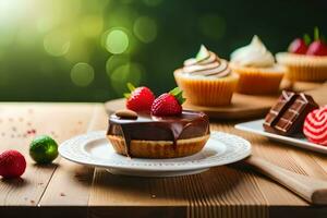 chocolate cupcakes and strawberries on a wooden table. AI-Generated photo