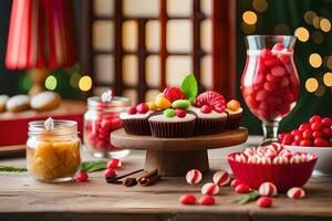 Navidad postre en de madera mesa con Navidad decoraciones generado por ai foto