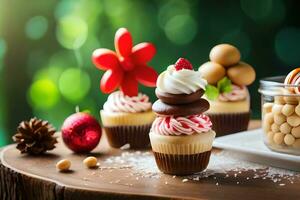 christmas cupcakes on a wooden table. AI-Generated photo