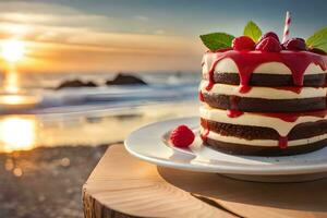 a cake with chocolate frosting and raspberries on a plate. AI-Generated photo