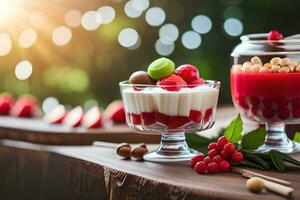 two dessert dishes with fruit and nuts. AI-Generated photo