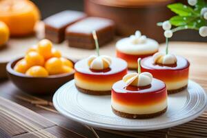 Tres postres en un plato con velas generado por ai foto