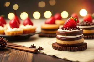 a table with several cakes and cupcakes. AI-Generated photo
