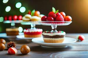 christmas cupcakes on a cake stand with berries and chocolate. AI-Generated photo