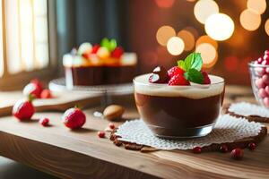 chocolate pudín con bayas y nueces en un mesa. generado por ai foto