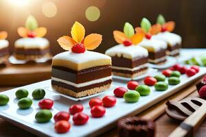a table with several desserts on it. AI-Generated photo