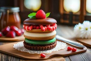 a stack of three cupcakes with strawberries on top. AI-Generated photo