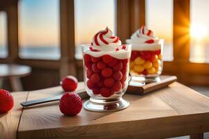 two dessert dishes with strawberries and whipped cream. AI-Generated photo