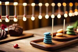 a table with various desserts and candies on it. AI-Generated photo