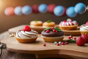 a wooden table with several cupcakes and berries. AI-Generated photo