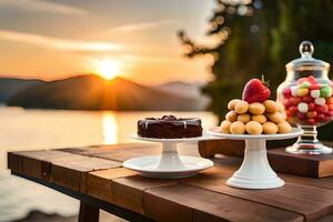 un postre mesa con pastel y Fruta en él. generado por ai foto