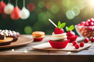 christmas cupcakes and other desserts on wooden table. AI-Generated photo