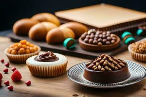 assortment of chocolates and cupcakes on wooden table. AI-Generated photo