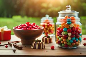 various candies in jars on a table. AI-Generated photo