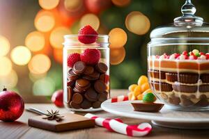 christmas dessert in glass jar with chocolate and berries. AI-Generated photo