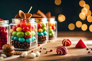 three glass jars with candy and candies on a wooden table. AI-Generated photo