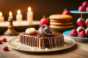 un chocolate pastel con fresas y velas en un mesa. generado por ai foto