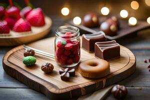 various chocolates and strawberries on a wooden table. AI-Generated photo