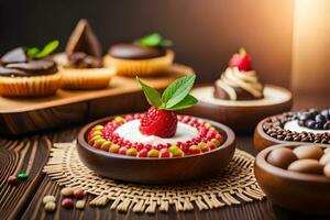 various desserts in wooden bowls on a wooden table. AI-Generated photo