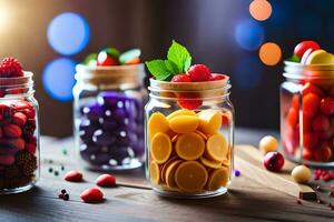 colorful candies in jars on wooden table. AI-Generated photo