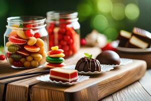 various candies and sweets in jars on a wooden table. AI-Generated photo