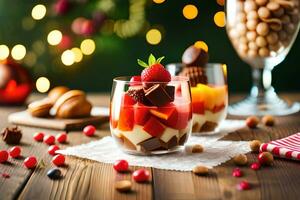 christmas dessert in glass with berries and chocolate. AI-Generated photo