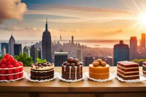 new york city skyline with cakes and desserts. AI-Generated photo