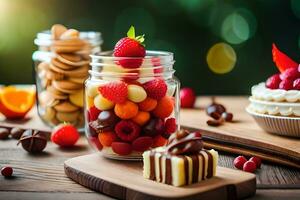 a table with a glass jar filled with fruit and a cake. AI-Generated photo