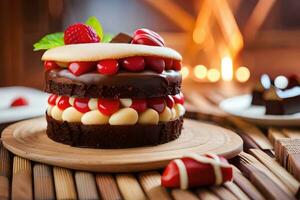 un chocolate pastel con frambuesas y chocolate en cima. generado por ai foto