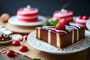 un pedazo de chocolate pastel con un Cereza en cima. generado por ai foto