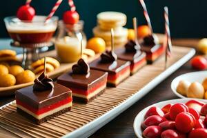 un mesa con chocolate y Fruta postres generado por ai foto