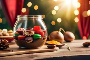 a glass jar filled with chocolate and candies on a wooden table. AI-Generated photo