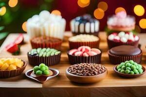 various types of chocolate and other desserts on a table. AI-Generated photo