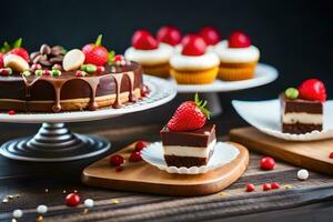 various cakes and desserts on wooden plates. AI-Generated photo