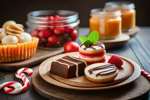 christmas desserts on wooden table with candies and fruit. AI-Generated photo