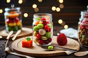 a wooden table with two jars filled with fruit. AI-Generated photo