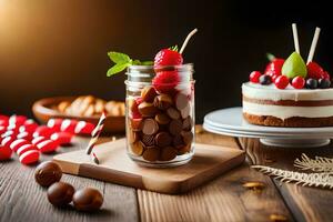 a cake and some strawberries in a glass jar. AI-Generated photo