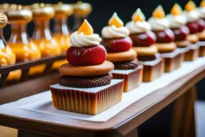 a row of cupcakes with candles on top. AI-Generated photo