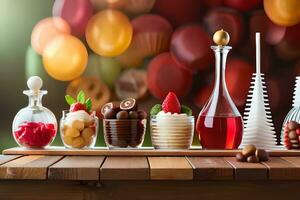 various desserts in glass bottles on a wooden table. AI-Generated photo