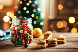 Navidad caramelo en un tarro en un mesa con un Navidad árbol en el antecedentes. generado por ai foto