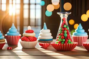 many cupcakes are sitting on a table with candy. AI-Generated photo