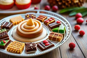 a plate with various chocolates and other desserts. AI-Generated photo