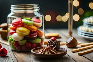 un tarro lleno con golosinas y otro dulces en un mesa. generado por ai foto